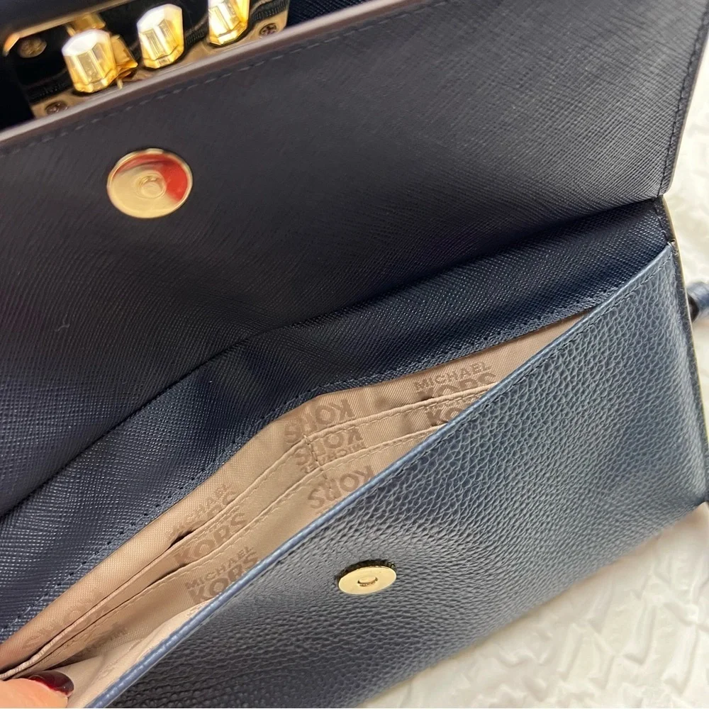 Michael Kors Karson Wallet Clutch Leather Navy Crossbody Mini Bag Chain Travel